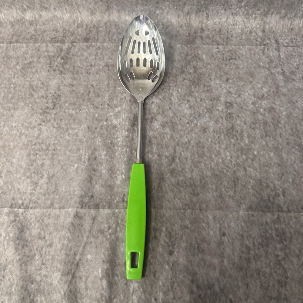 Ekco Slotted Serving Spoon Chromium Plated Green Handle 12" USA Vintage